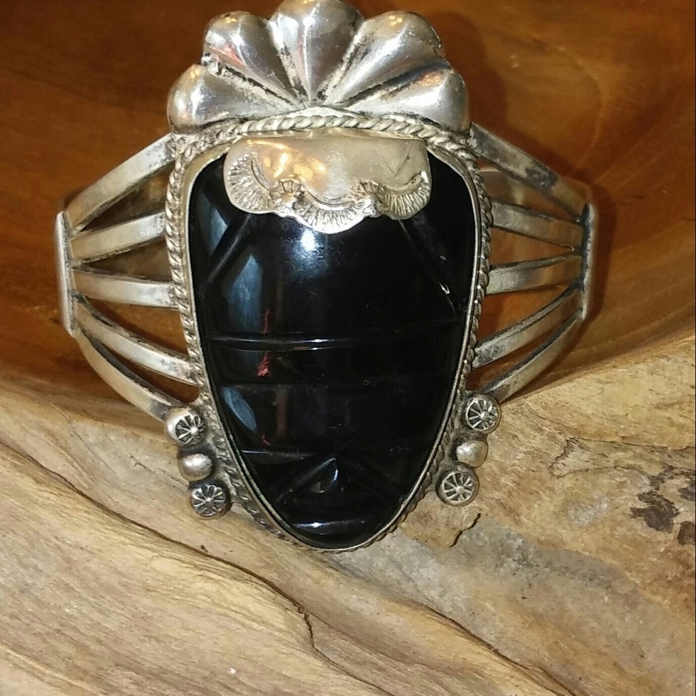 Vintage Sterling Carved Onyx Warrior Cuff Bracelet